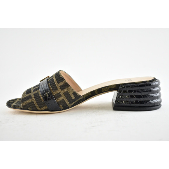 Fendi Black Brown FF Monogram Logo Backless Sandal Block Heel Mule Slide Pump 37 - Picture 9 of 12